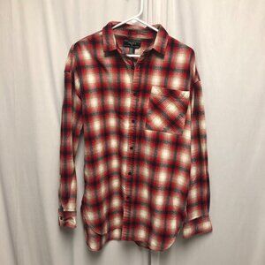 Forever 21 Flannel Shirt Mens Size Medium Red Black White Plaid Button Up Casual